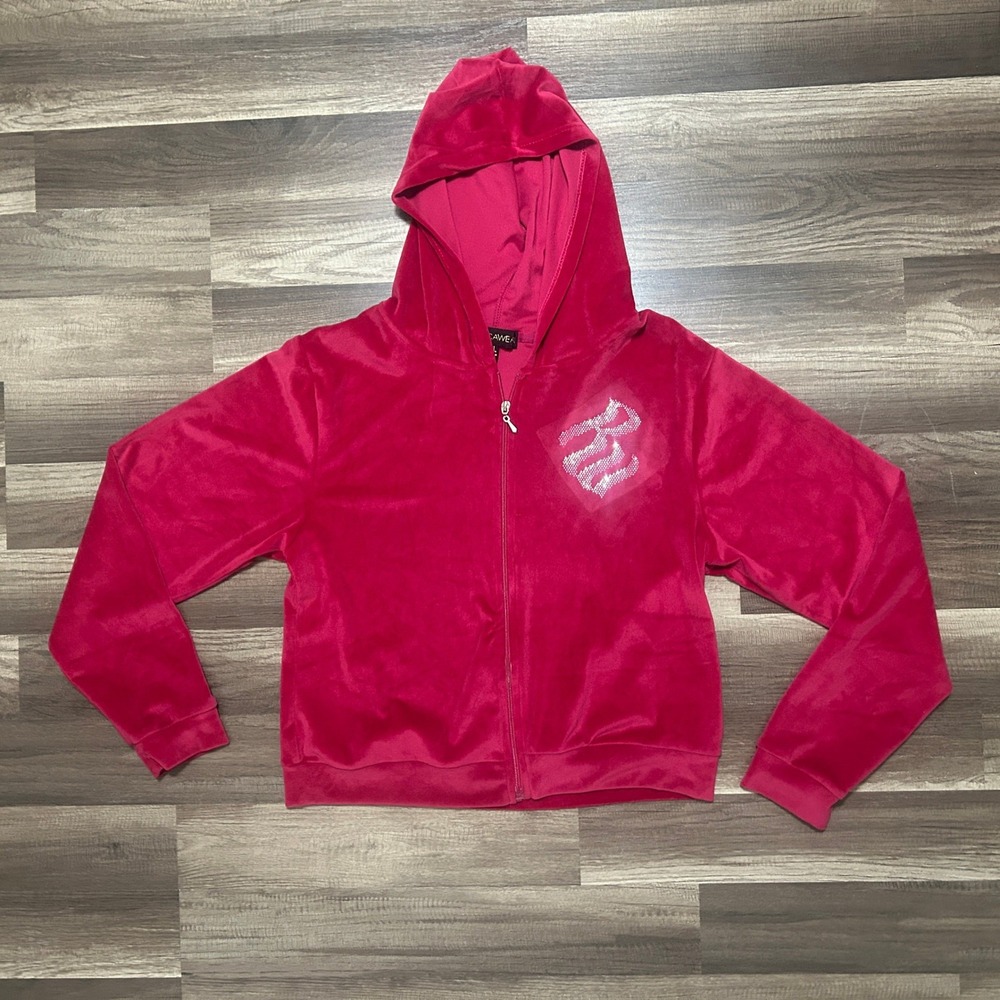 Rocawear Velour Hoodie Womens XL Pink Rhinestone Y2K McBling Zip Up Tracksuit